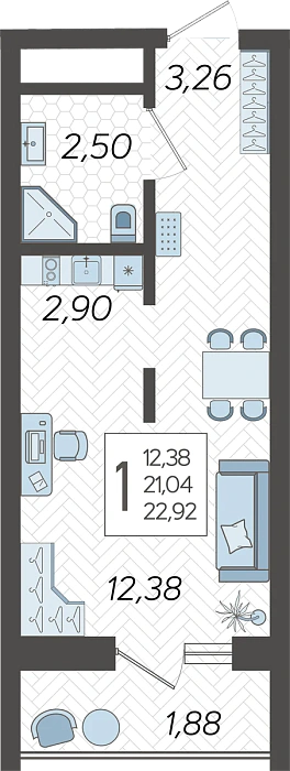 Квартира Студия №154, 22.92 м² на 11 этаже Корпуса 14, ЖК Кислород Сочи