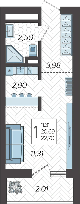 Квартира студия 22.7 м² м² в Корпусе 3, ЖК Кислород Сочи