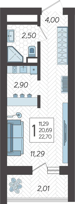 Квартира Студия №301, 23.3 м² на 19 этаже Корпуса 5, ЖК Кислород Сочи