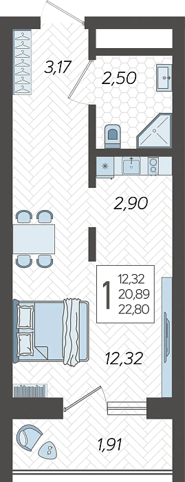 Квартира Студия №217, 22.8 м² на 14 этаже Корпуса 8, ЖК Кислород Сочи