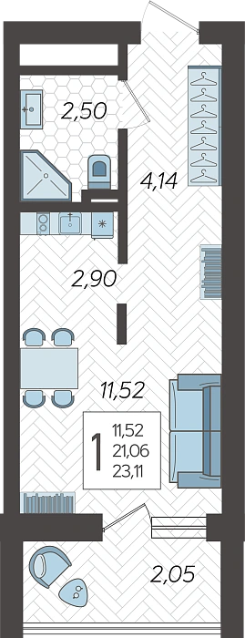 Квартира Студия №215, 23.11 м² на 14 этаже Корпуса 4, ЖК Кислород Сочи