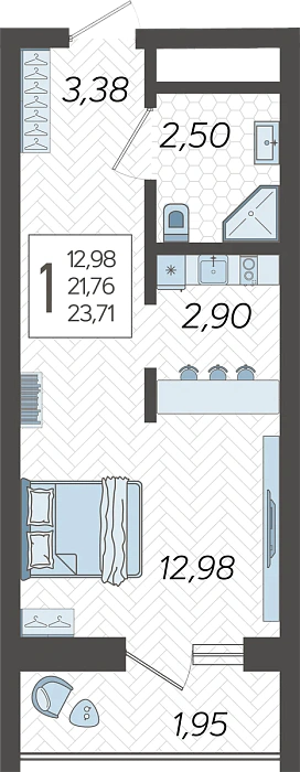 Квартира Студия №91, 23.71 м² на 7 этаже Корпуса 14, ЖК Кислород Сочи