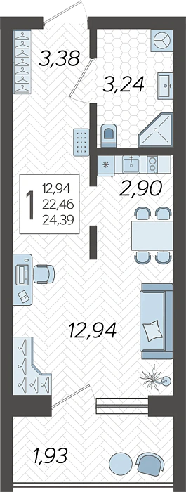 Квартира Студия №2, 24.39 м² на 1 этаже Корпуса 15, ЖК Кислород Сочи