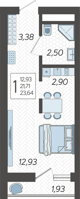 Квартира Студия №70, 23.64 м² на 6 этаже Корпуса 13, ЖК Кислород Сочи