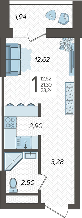 Квартира студия 23.6 м² м² в Корпусе 1, ЖК Кислород Сочи
