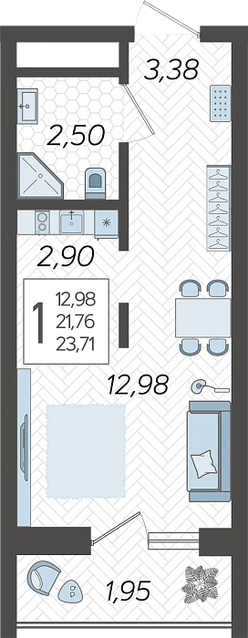 Квартира Студия №120, 23.71 м² на 8 этаже Корпуса 14, ЖК Кислород Сочи