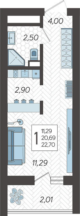 Квартира Студия №301, 22.7 м² на 19 этаже Корпуса 4, ЖК Кислород Сочи