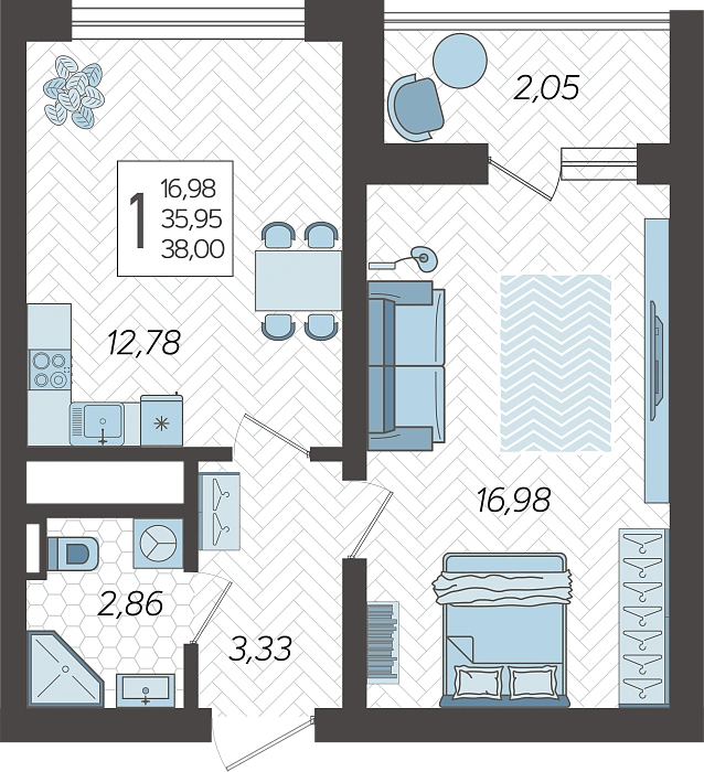 ЖК Кислород, 1-комнатная квартира №104, 38 м²