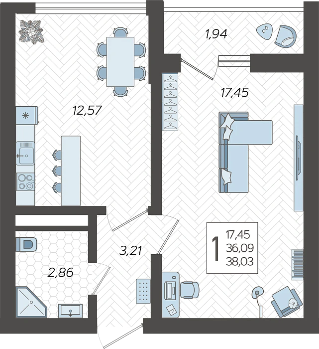 1-комнатная квартира №182, 38.03 м²