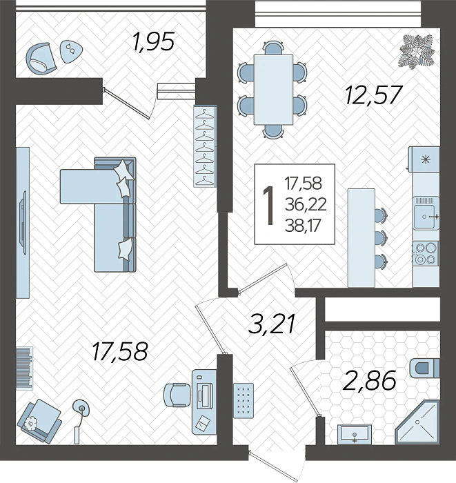 Квартира 1-комнатная квартира №111, 38.17 м² на 8 этаже Корпуса 14, ЖК Кислород Сочи