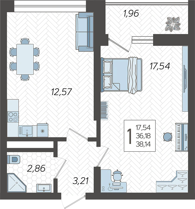 Квартира 1-комнатная 38.14 м² м² в Корпусе 10, ЖК Кислород Сочи