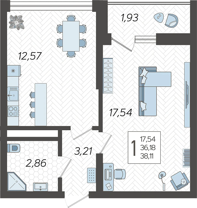 Квартира 1-комнатная квартира №227, 38.11 м² на 16 этаже Корпуса 15, ЖК Кислород Сочи