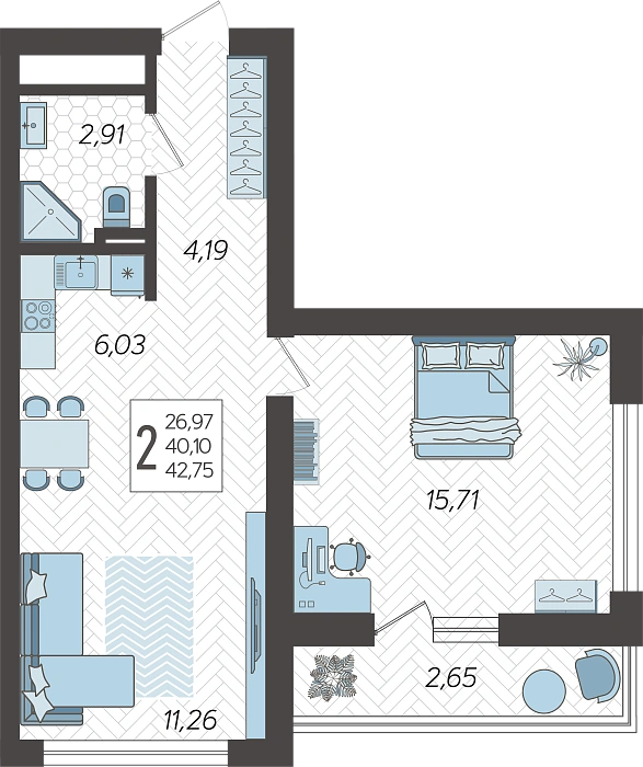 ЖК Кислород, 2-комнатная квартира №74, 42.75 м²
