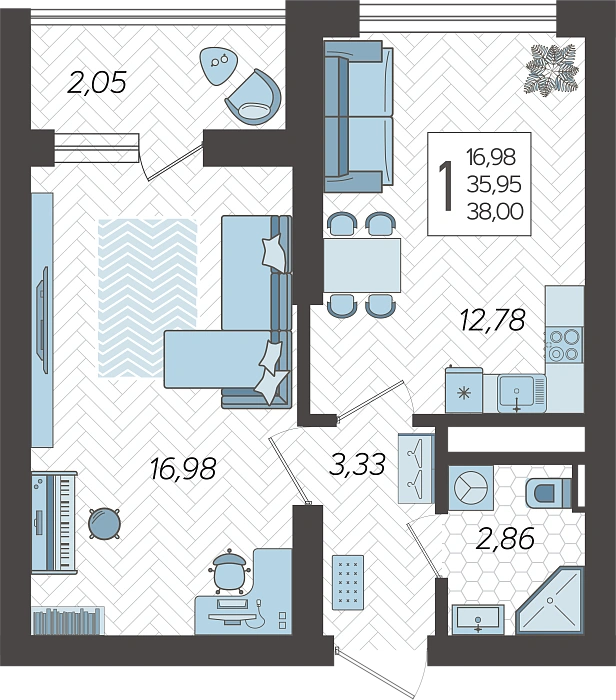 Квартира 1-комнатная 38 м² м² в Корпусе 4, ЖК Кислород Сочи