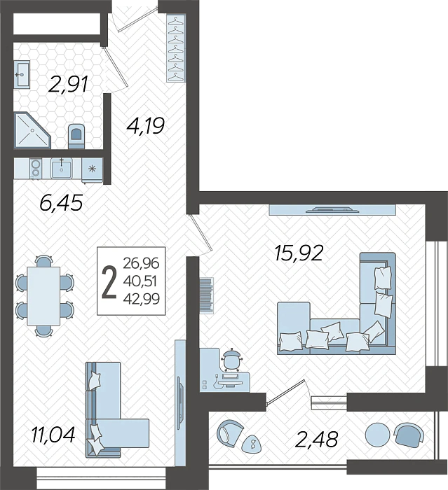 Квартира 2-комнатная квартира №118, 42.99 м² на 8 этаже Корпуса 14, ЖК Кислород Сочи