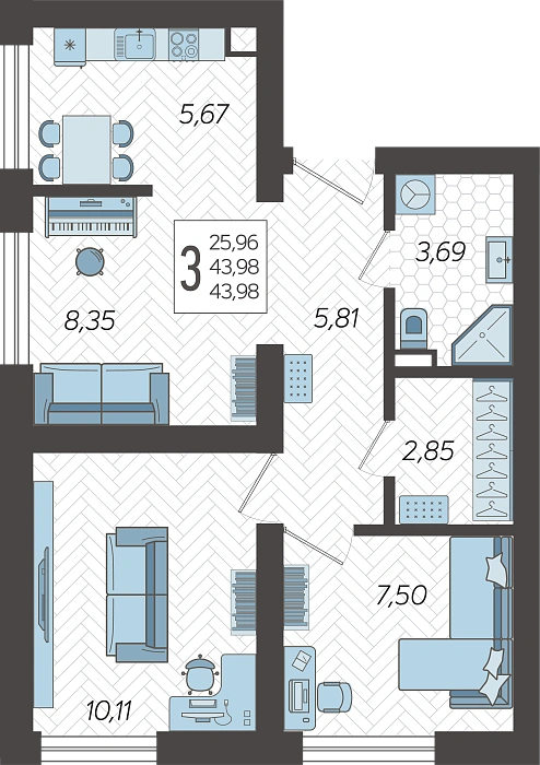 ЖК Кислород, 3-комнатная квартира №13, 43.98 м²