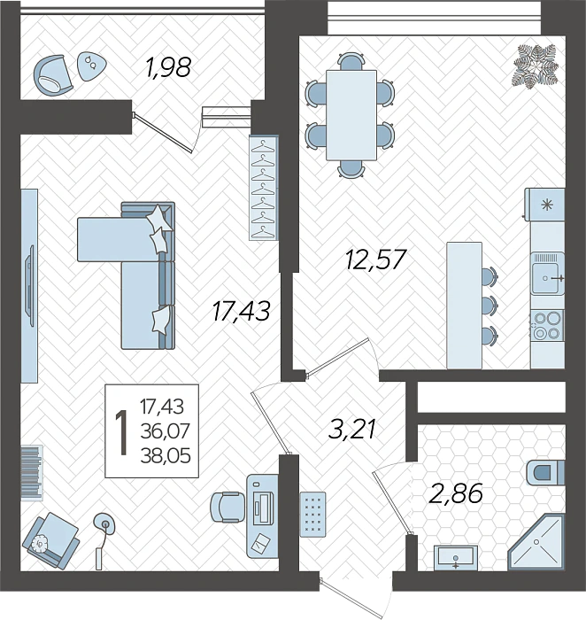 Квартира 1-комнатная квартира №191, 38.05 м² на 13 этаже Корпуса 8, ЖК Кислород Сочи
