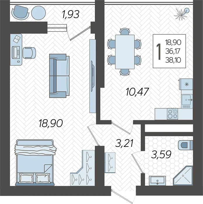 1-комнатная квартира №209, 38.1 м²