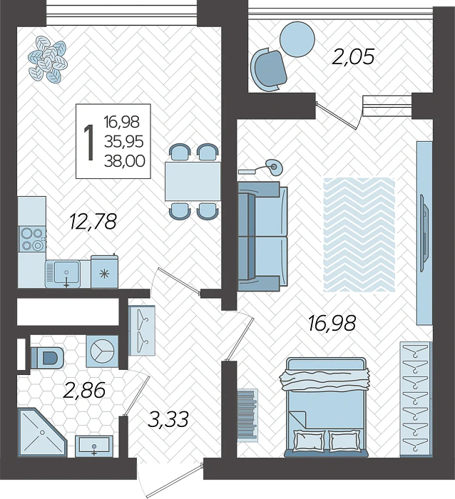 Квартира 1-комнатная квартира №223, 38.8 м² на 14 этаже Корпуса 5, ЖК Кислород Сочи