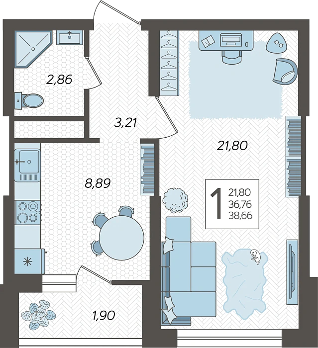Квартира 1-комнатная 38.9 м² м² в Корпусе 1, ЖК Кислород Сочи