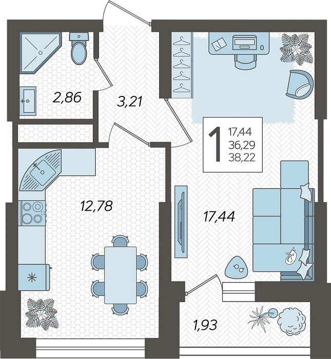 Квартира 1-комнатная 39.1 м² м² в Корпусе 2, ЖК Кислород Сочи