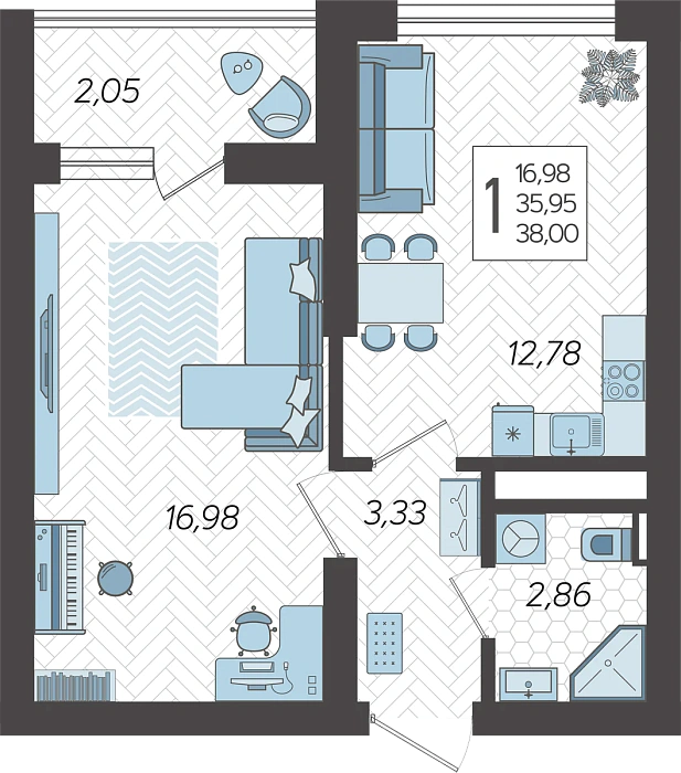 Квартира 1-комнатная квартира №271, 38.8 м² на 17 этаже Корпуса 5, ЖК Кислород Сочи