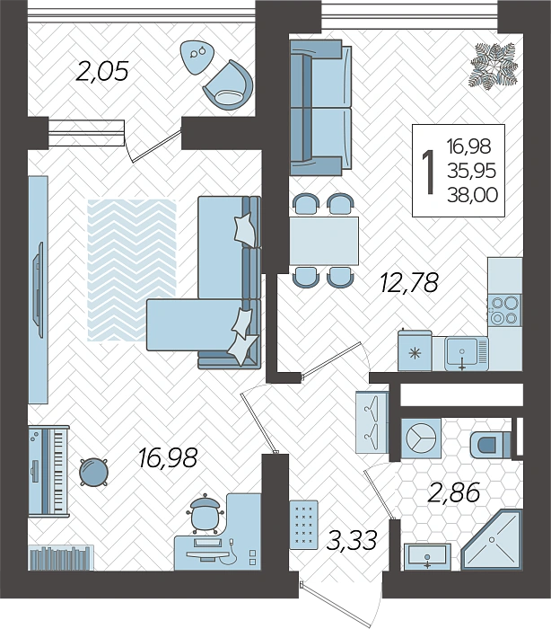 Квартира 1-комнатная квартира №305, 38 м² на 19 этаже Корпуса 4, ЖК Кислород Сочи
