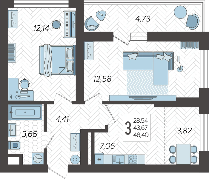 3-комнатная квартира №293, 48.4 м²