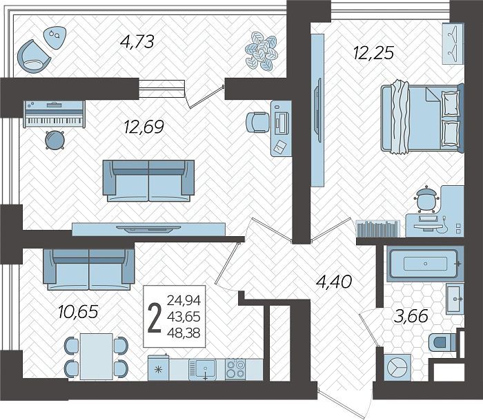 Квартира 2-комнатная квартира №99, 48.38 м² на 7 этаже Корпуса 4, ЖК Кислород Сочи