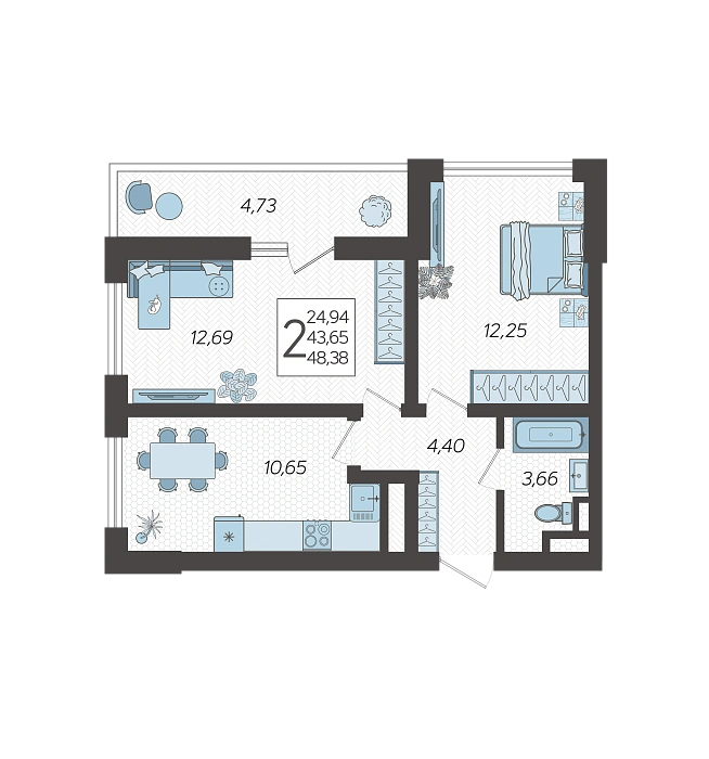 Квартира 2-комнатная квартира №286, 48.38 м² на 18 этаже Корпуса 4, ЖК Кислород Сочи