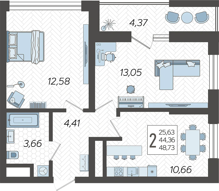 Квартира 2-комнатная квартира №34, 48.73 м² на 3 этаже Корпуса 15, ЖК Кислород Сочи