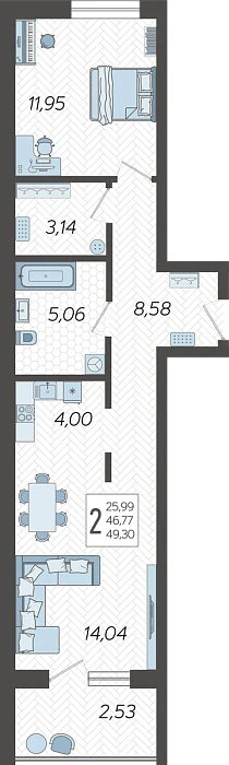 Квартира 2-комнатная квартира №4, 49.3 м² на 1 этаже Корпуса 15, ЖК Кислород Сочи