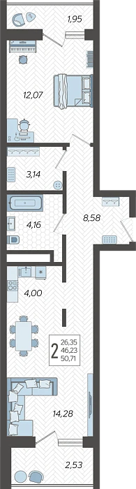 Квартира 2-комнатная 50.71 м² м² в Корпусе 9, ЖК Кислород Сочи