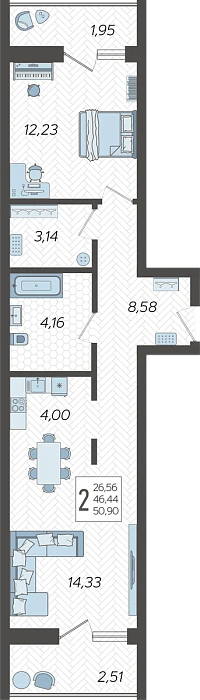 Квартира 2-комнатная квартира №27, 50.9 м² на 3 этаже Корпуса 15, ЖК Кислород Сочи