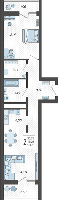 Квартира 2-комнатная 50.71 м² м² в Корпусе 9, ЖК Кислород Сочи