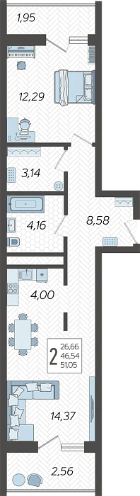 Квартира 2-комнатная квартира №93, 51.05 м² на 7 этаже Корпуса 14, ЖК Кислород Сочи