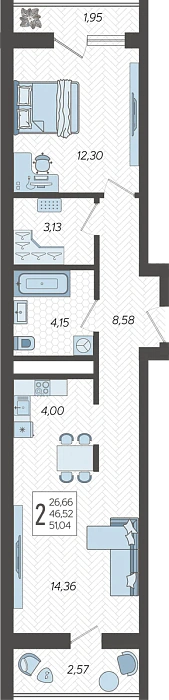Квартира 2-комнатная 51.04 м² м² в Корпусе 12, ЖК Кислород Сочи