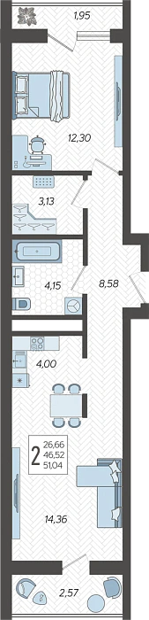 Квартира 2-комнатная 51.04 м² м² в Корпусе 12, ЖК Кислород Сочи