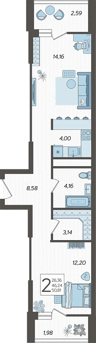 Квартира 2-комнатная квартира №205, 51.8 м² на 17 этаже Корпуса 1, ЖК Кислород Сочи