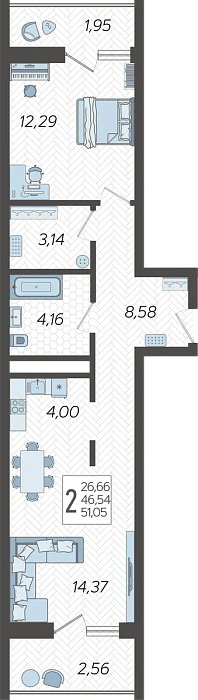 Квартира 2-комнатная квартира №285, 51.05 м² на 19 этаже Корпуса 14, ЖК Кислород Сочи