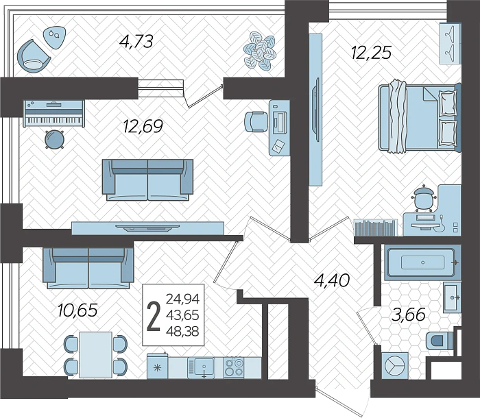 Квартира 2-комнатная 49.8 м² м² в Корпусе 5, ЖК Кислород Сочи