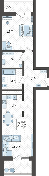 2-комнатная квартира №157, 50.76 м²