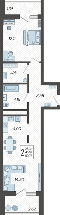Квартира 2-комнатная квартира №205, 50.76 м² на 14 этаже Корпуса 8, ЖК Кислород Сочи