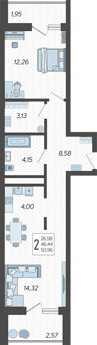 Квартира 2-комнатная 50.96 м² м² в Корпусе 10, ЖК Кислород Сочи