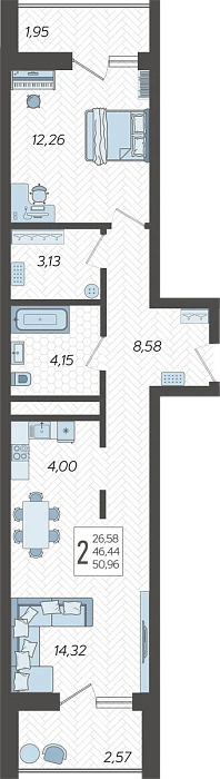 Квартира 2-комнатная 50.96 м² м² в Корпусе 10, ЖК Кислород Сочи