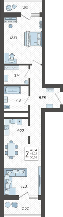 Квартира 2-комнатная квартира №192, 50.69 м² на 14 этаже Корпуса 11, ЖК Кислород Сочи