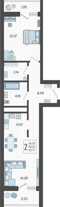 Квартира 2-комнатная 50.71 м² м² в Корпусе 9, ЖК Кислород Сочи