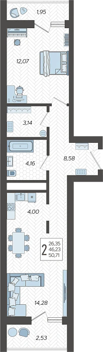 Квартира 2-комнатная 50.71 м² м² в Корпусе 9, ЖК Кислород Сочи