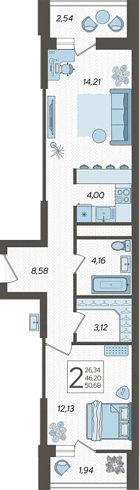 Квартира 2-комнатная квартира №180, 52.2 м² на 16 этаже Корпуса 2, ЖК Кислород Сочи
