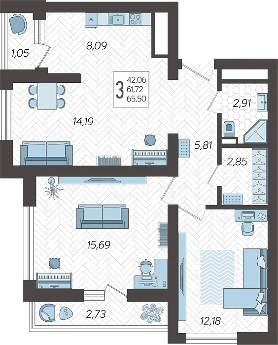 Квартира 3-комнатная 65.5 м² м² в Корпусе 5, ЖК Кислород Сочи